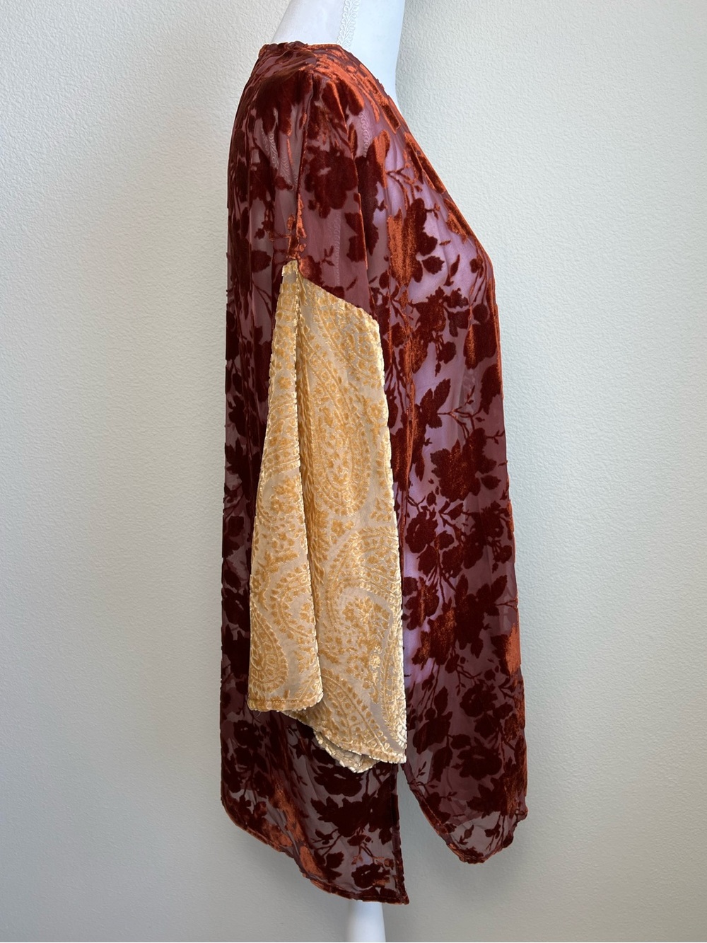 Mystree Mixed Print Burn-Out Wrap Kimono M/L Floral Velvet Boho Patchwork Duster - Picture 5 of 8